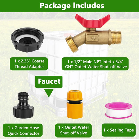 IBC Tote Adapter 275-330 Gallon IBC Tote to Garden Hose Adapter 2.36” Coarse Thread IBC Tote Fitting Water Tank Adapter with Lead-Free Brass Hose ...